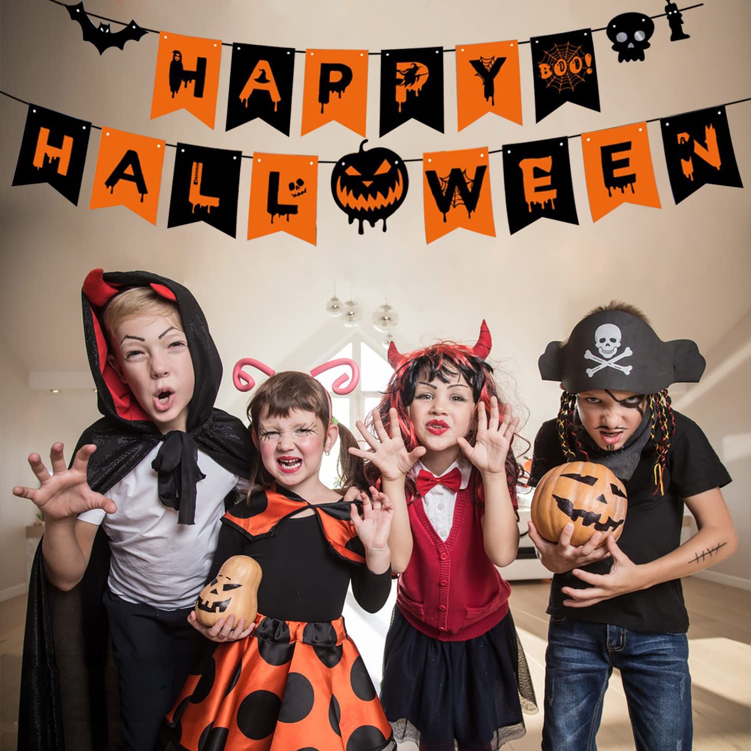 Happy Halloween Banner Decorations – Pumpkin Bunting Hanging Garland for Indoor & Outdoor Halloween Party, Home or Office Decor
