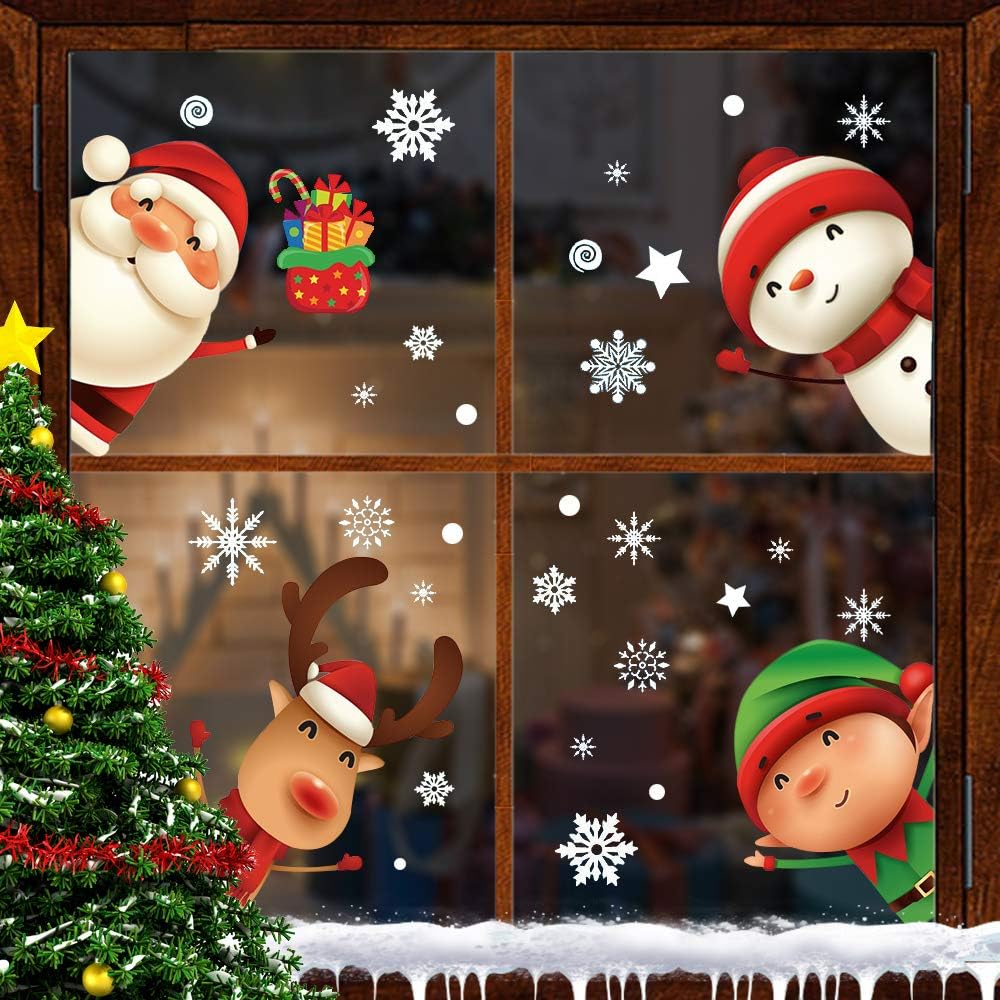 82PCS Christmas Window Stickers – 5 Sheets Reusable Double-Sided Static Clings with Santa, Reindeer & Snowflakes for Glass, Home & Holiday Decorations
