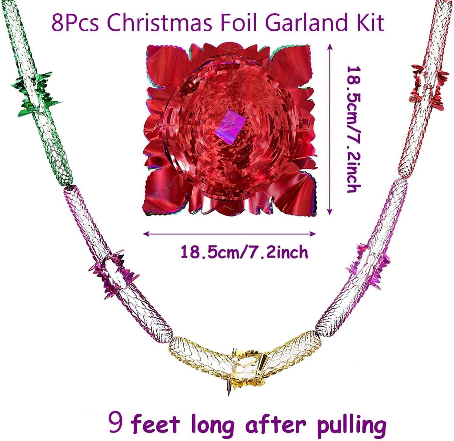 8Pcs Christmas Ceiling Decorations, 9Ft Hanging Foil Garland Streamers & Swirls – Xmas New Year Party Hanging Decor for Holiday Home & Office