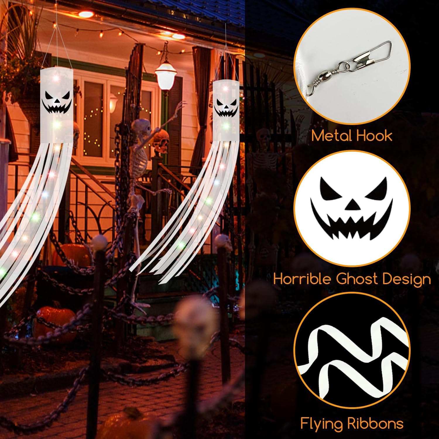 Halloween Ghost Decorations 2PCS – 180CM Hanging Windsock Flags with 2M LED Lights for Outdoor Yard, Garden, Lawn & Halloween Party Decor