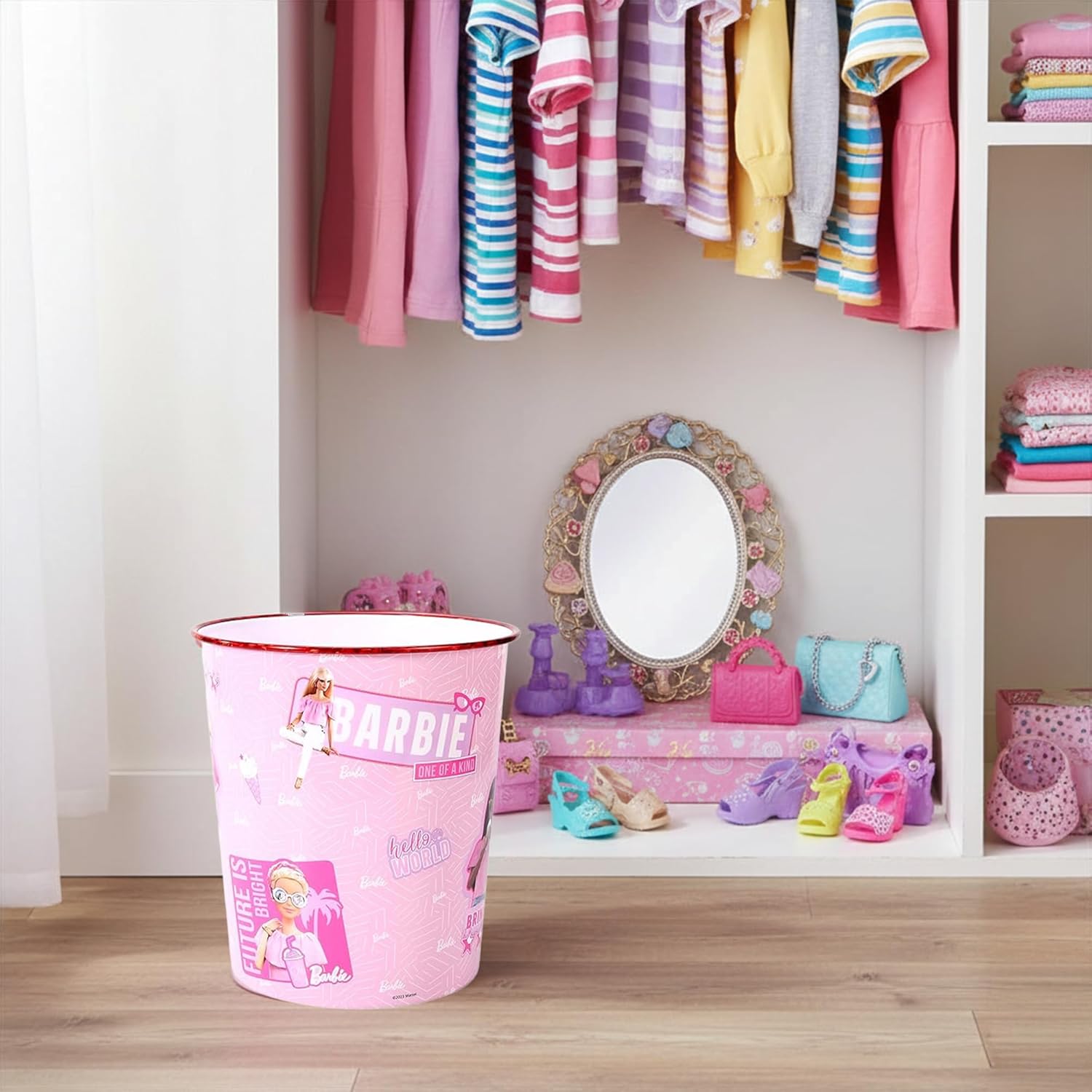 Kids Waste Paper Bin 7L – Barbie Design Plastic Trash Can for Bedroom, Study Desk & Playroom, Lightweight Open Top Dustbin