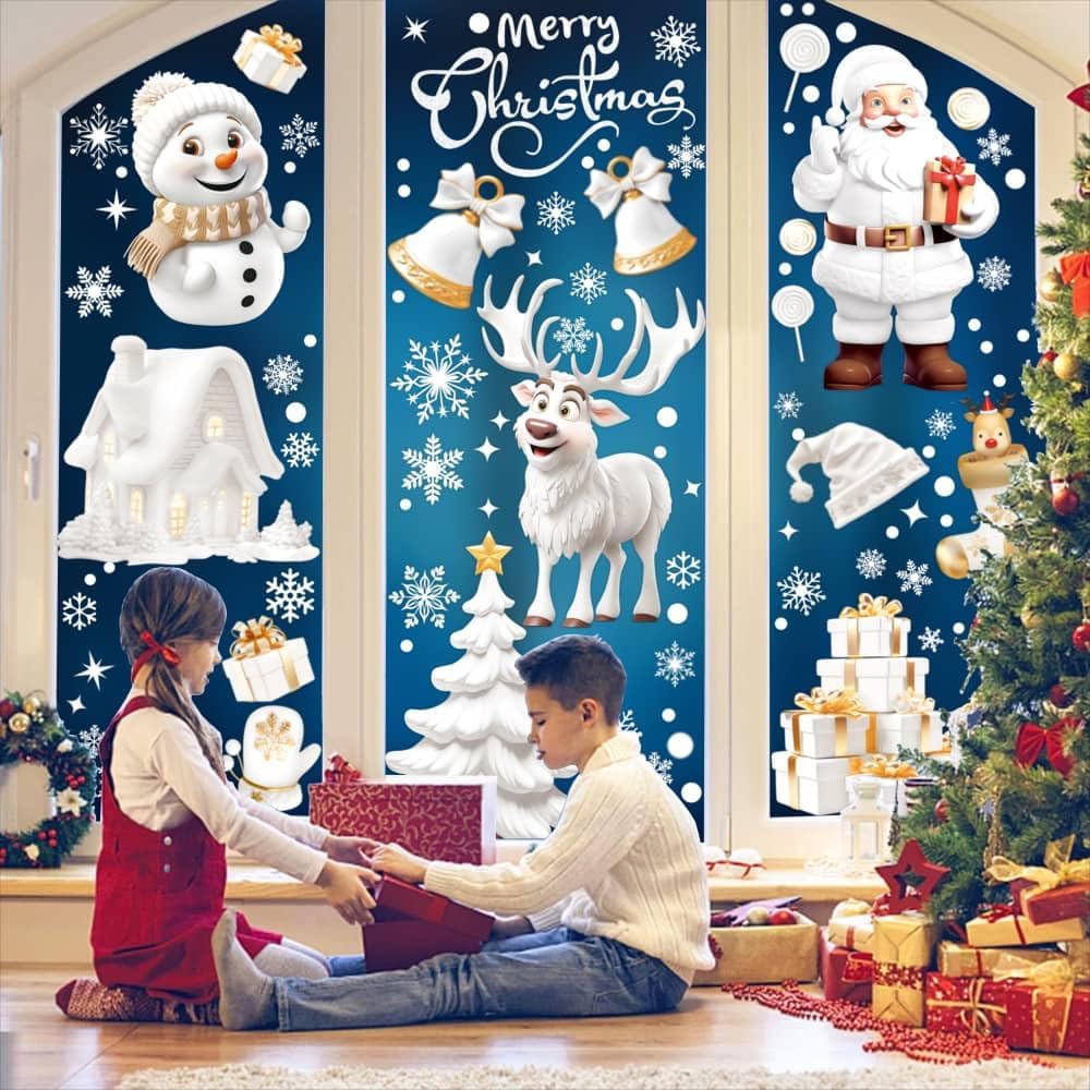 9 Sheets 3D Christmas Window Stickers – Double-Sided Reusable Xmas Window Clings with Snowflakes, Santa Claus, Reindeer & Snowman Designs
