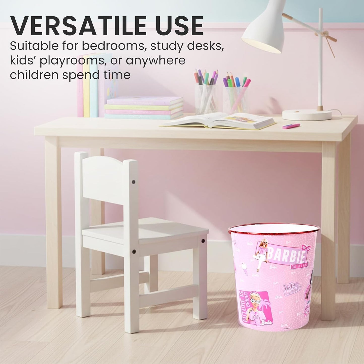 Kids Waste Paper Bin 7L – Barbie Design Plastic Trash Can for Bedroom, Study Desk & Playroom, Lightweight Open Top Dustbin