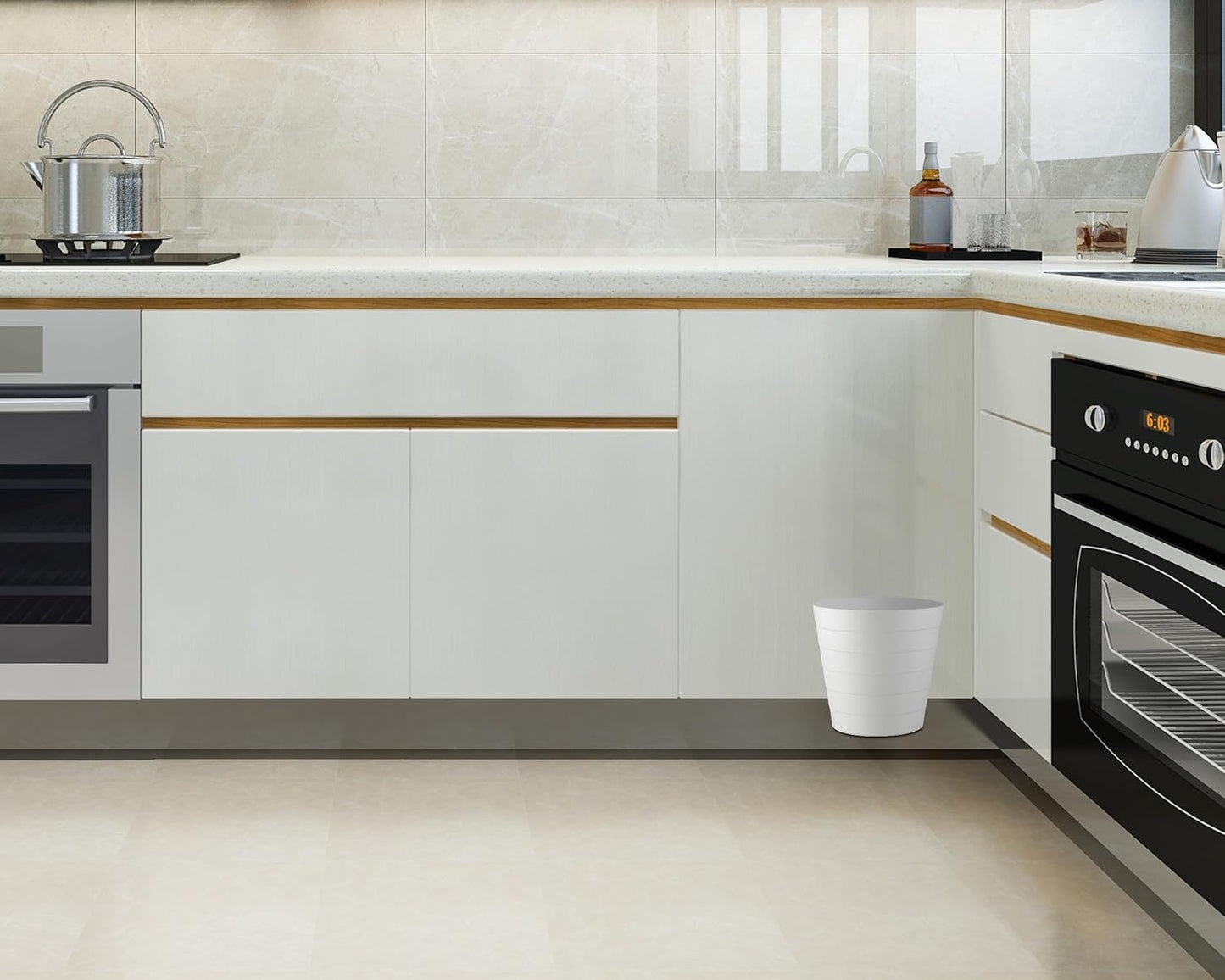 8L Plastic Paper Bin – Shatterproof Open Top Office & Desk Waste Basket, Modern Wave Design, White