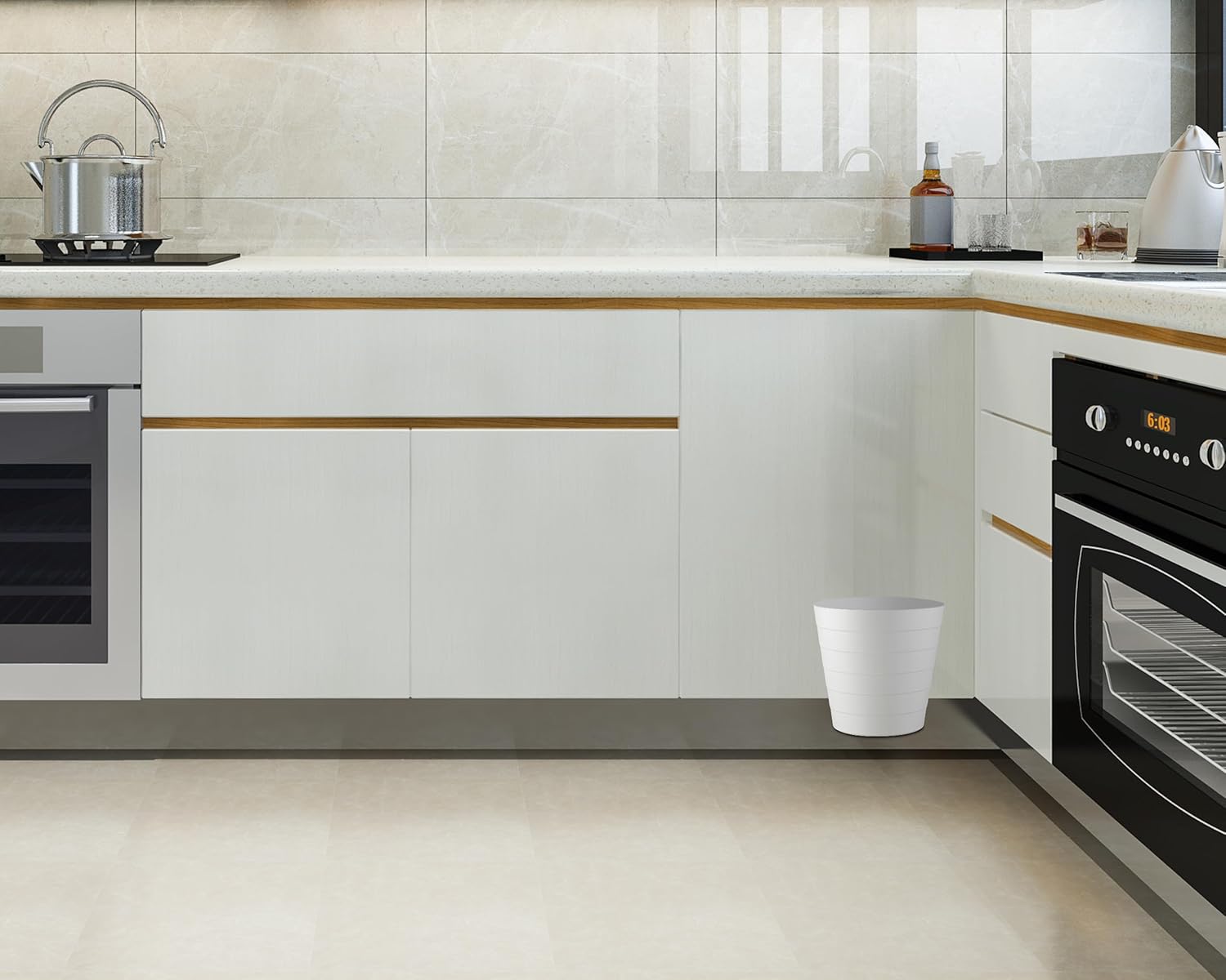 8L Plastic Paper Bin – Shatterproof Open Top Office & Desk Waste Basket, Modern Wave Design, White