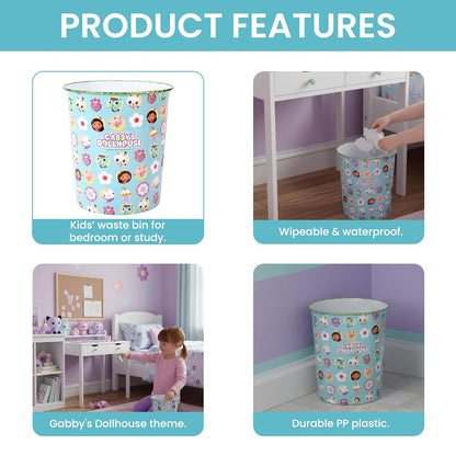 Kids Waste Paper Bin 7L – Gabby’s Dollhouse Design Plastic Trash Can for Bedroom, Study Desk & Playroom, Lightweight Open Top Dustbin