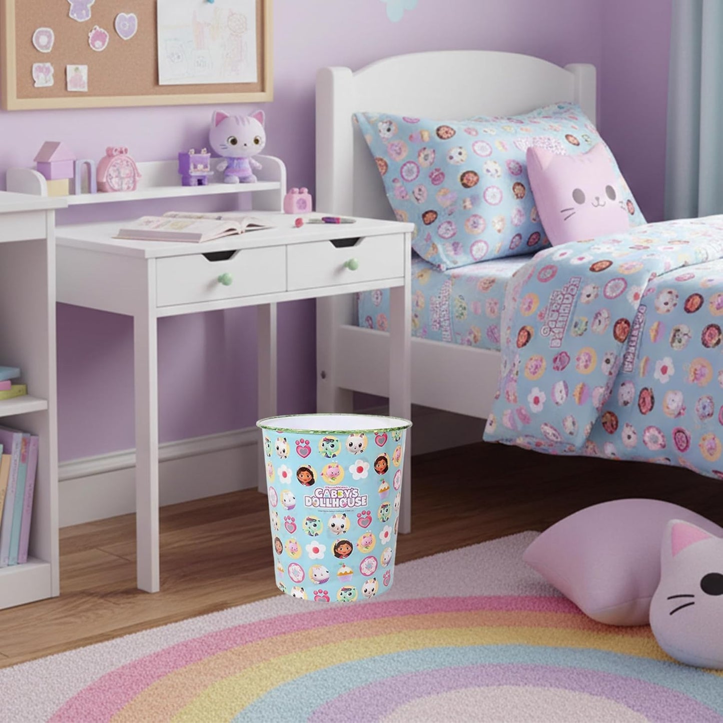 Kids Waste Paper Bin 7L – Gabby’s Dollhouse Design Plastic Trash Can for Bedroom, Study Desk & Playroom, Lightweight Open Top Dustbin