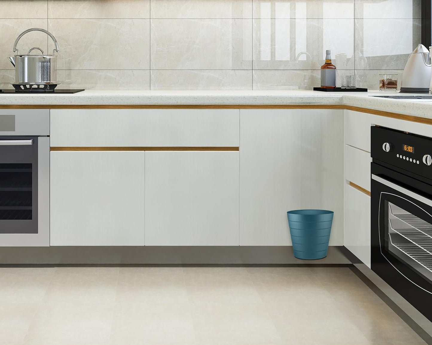 8L Plastic Paper Bin – Shatterproof Open Top Office & Desk Waste Basket, Modern Wave Design, Blue