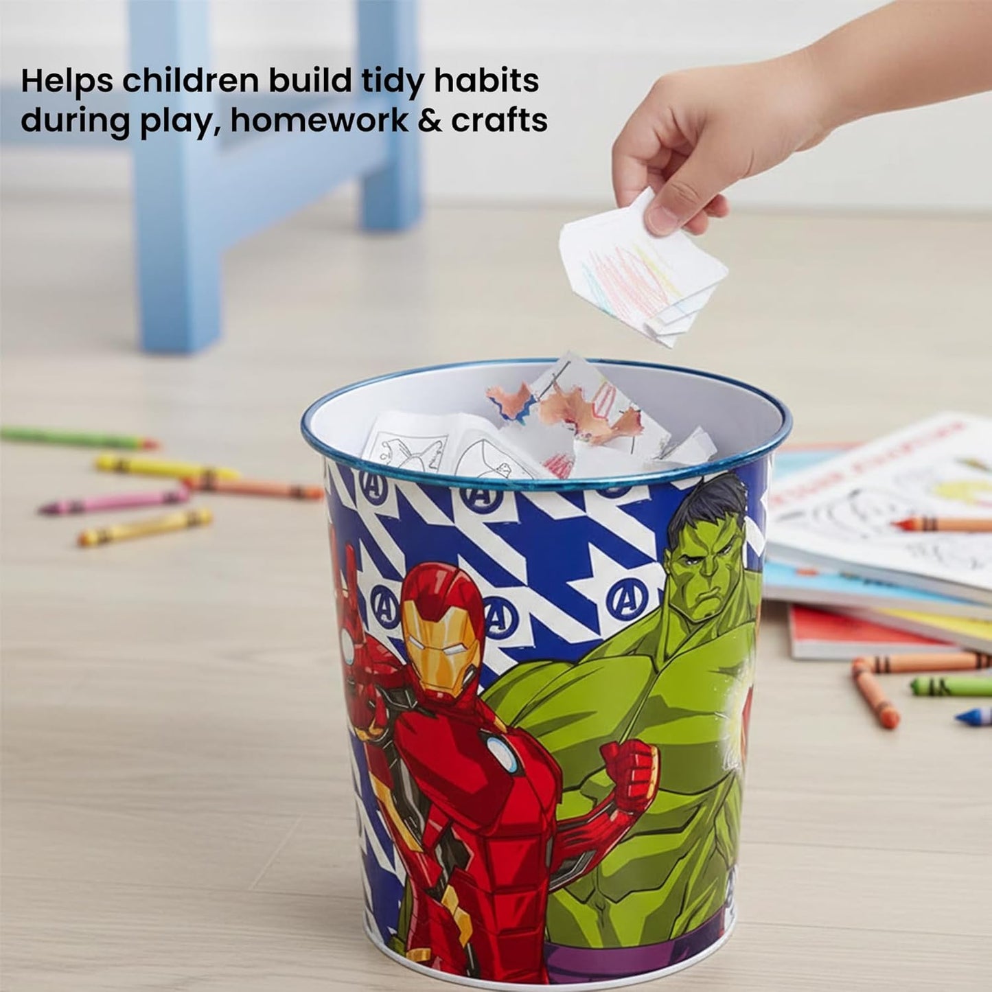 Kids Waste Paper Bin 7L – Avengers Design Plastic Trash Can for Bedroom, Study Desk & Playroom, Lightweight Open Top Dustbin