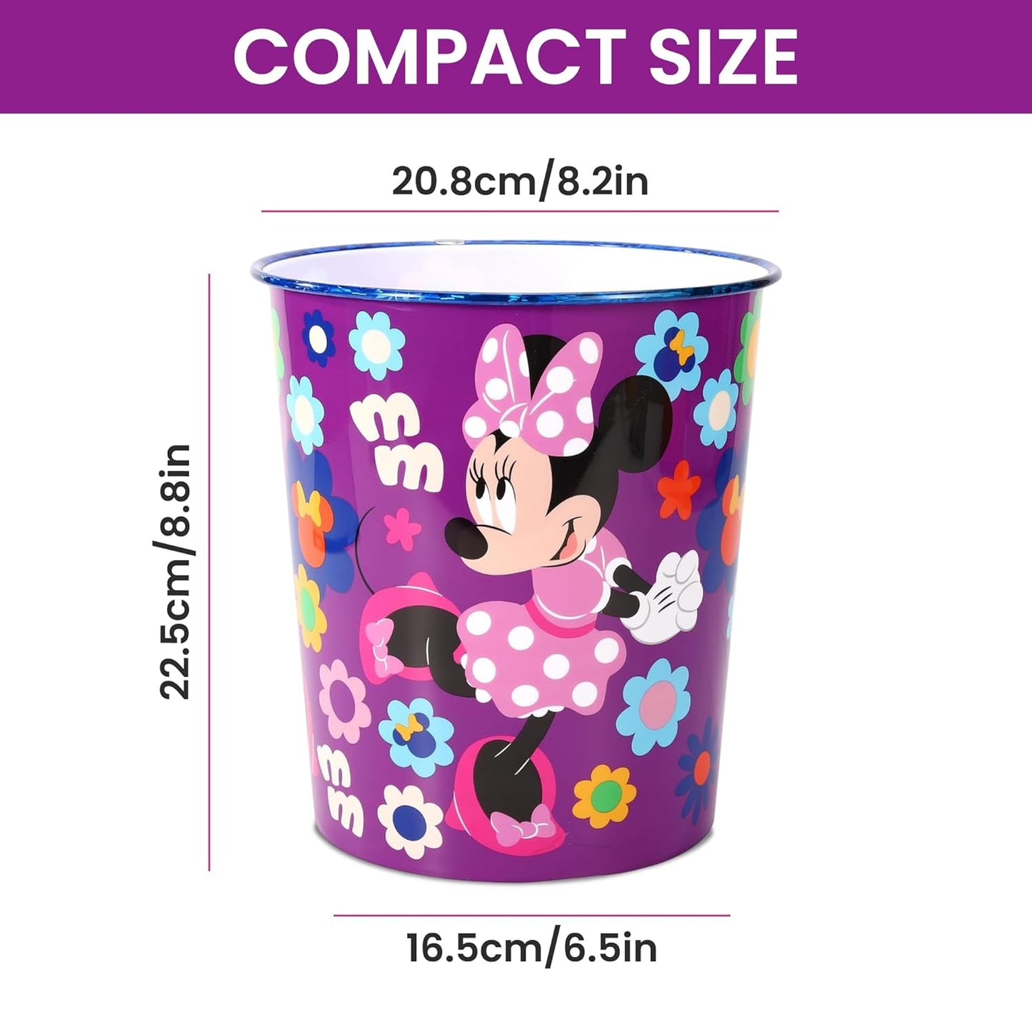 Kids Waste Paper Bin 7L – Minnie Mouse Design Plastic Trash Can for Bedroom, Study Desk & Playroom, Lightweight Open Top Dustbin