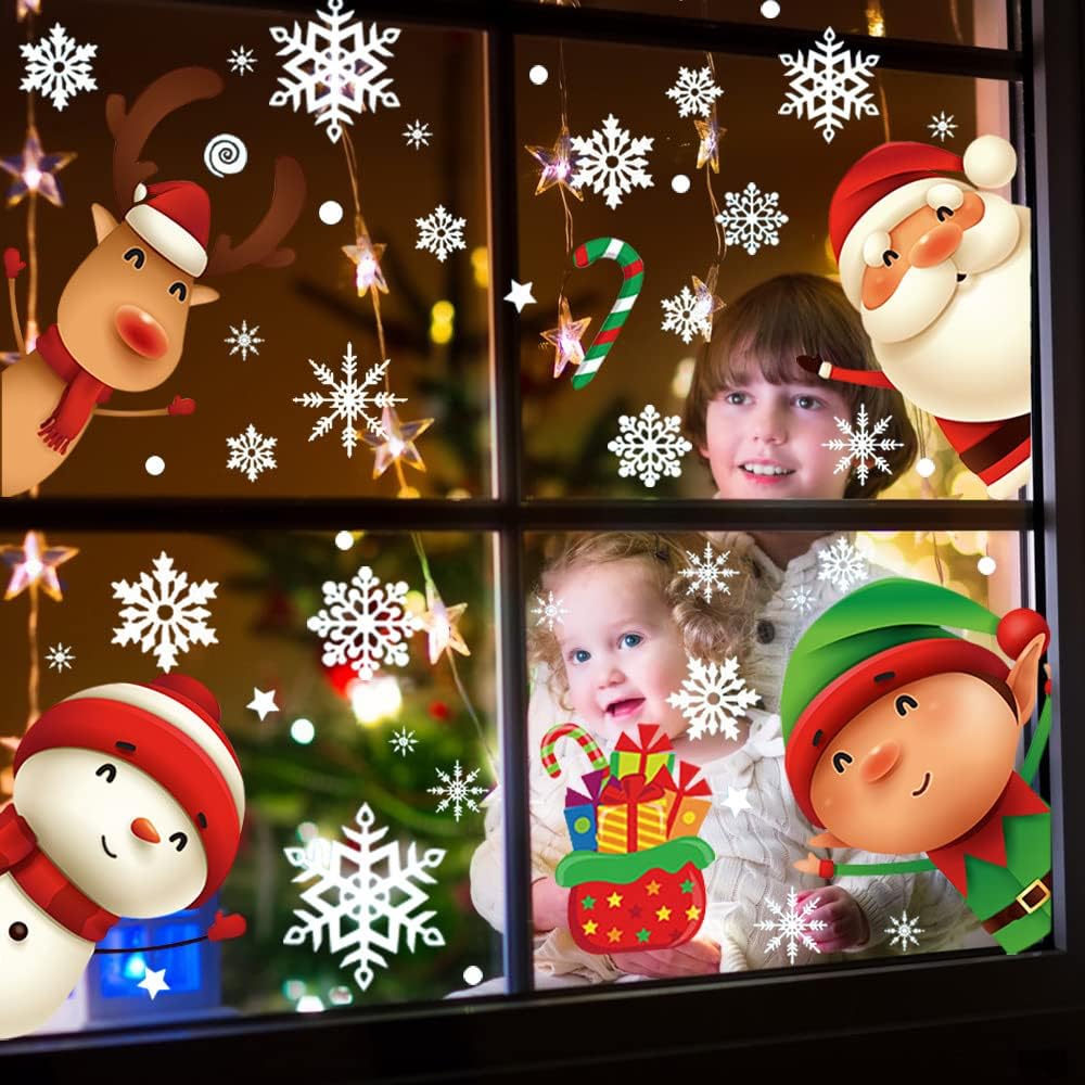 82PCS Christmas Window Stickers – 5 Sheets Reusable Double-Sided Static Clings with Santa, Reindeer & Snowflakes for Glass, Home & Holiday Decorations