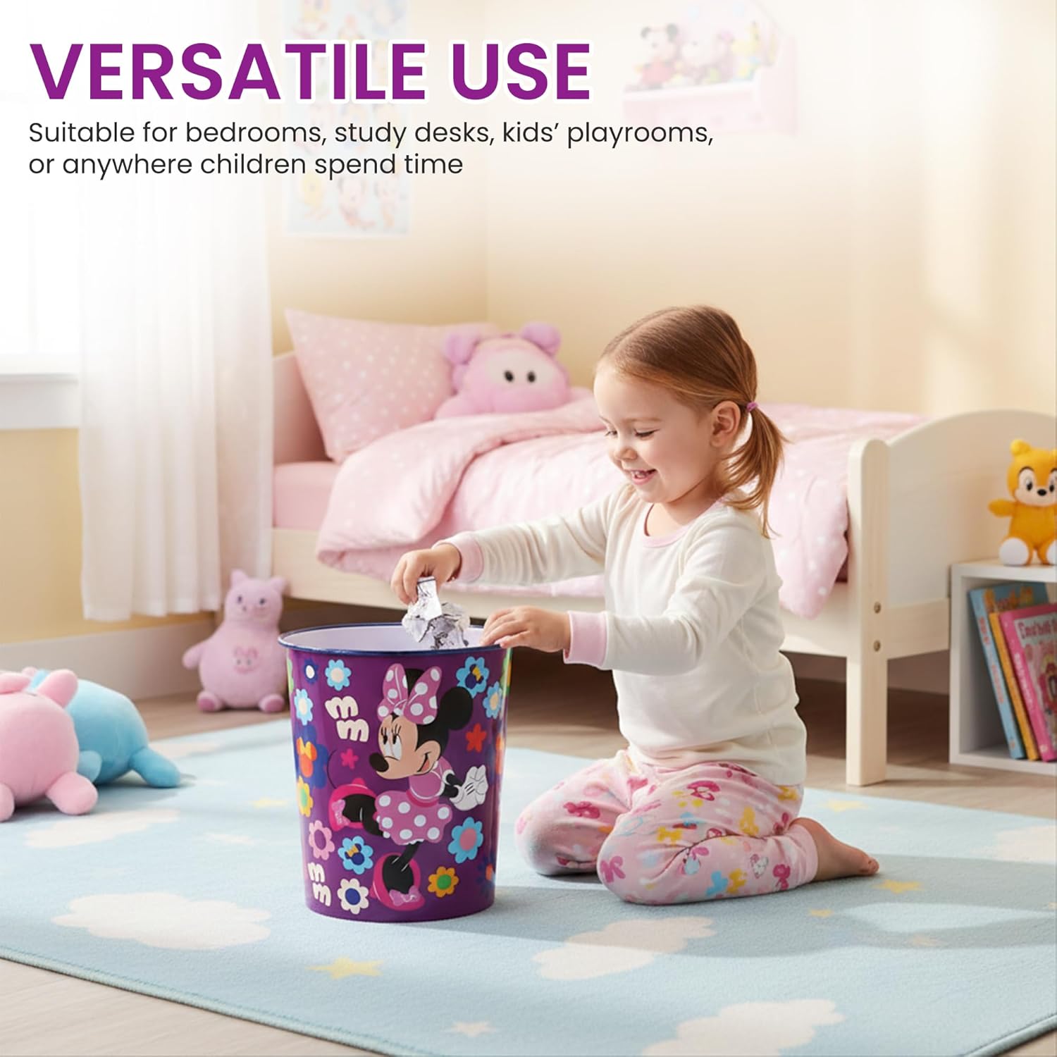 Kids Waste Paper Bin 7L – Minnie Mouse Design Plastic Trash Can for Bedroom, Study Desk & Playroom, Lightweight Open Top Dustbin