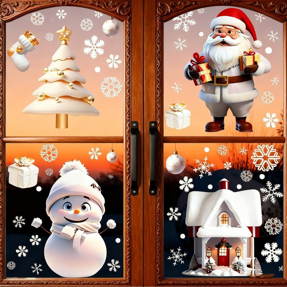 114PCS Christmas Snowflake Window Stickers – White 3D Static Clings with Santa & Snowman Designs for Glass Windows, Home & Holiday Party Decorations