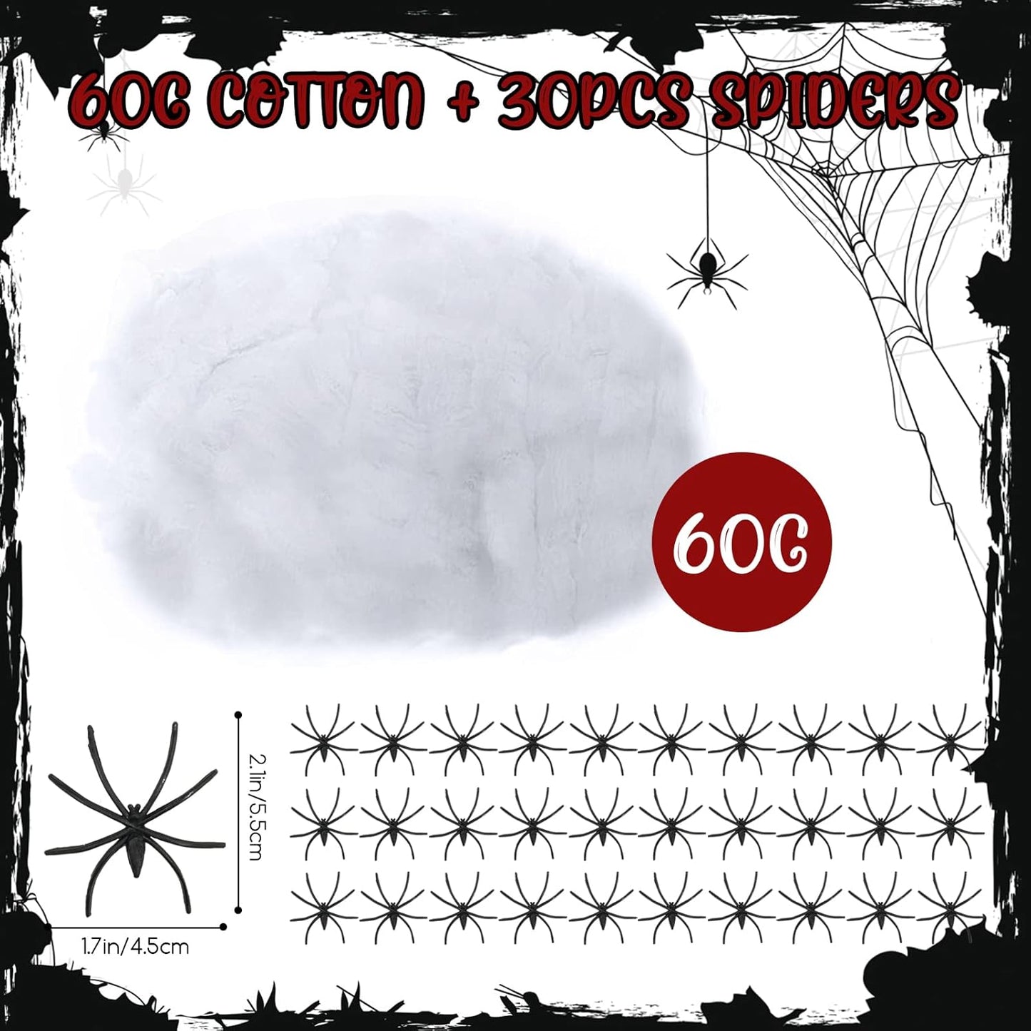 Halloween Spider Web 60g with 30pcs Fake Spiders – Stretchable Cobweb for Haunted House, Outdoor & Indoor Halloween Decorations