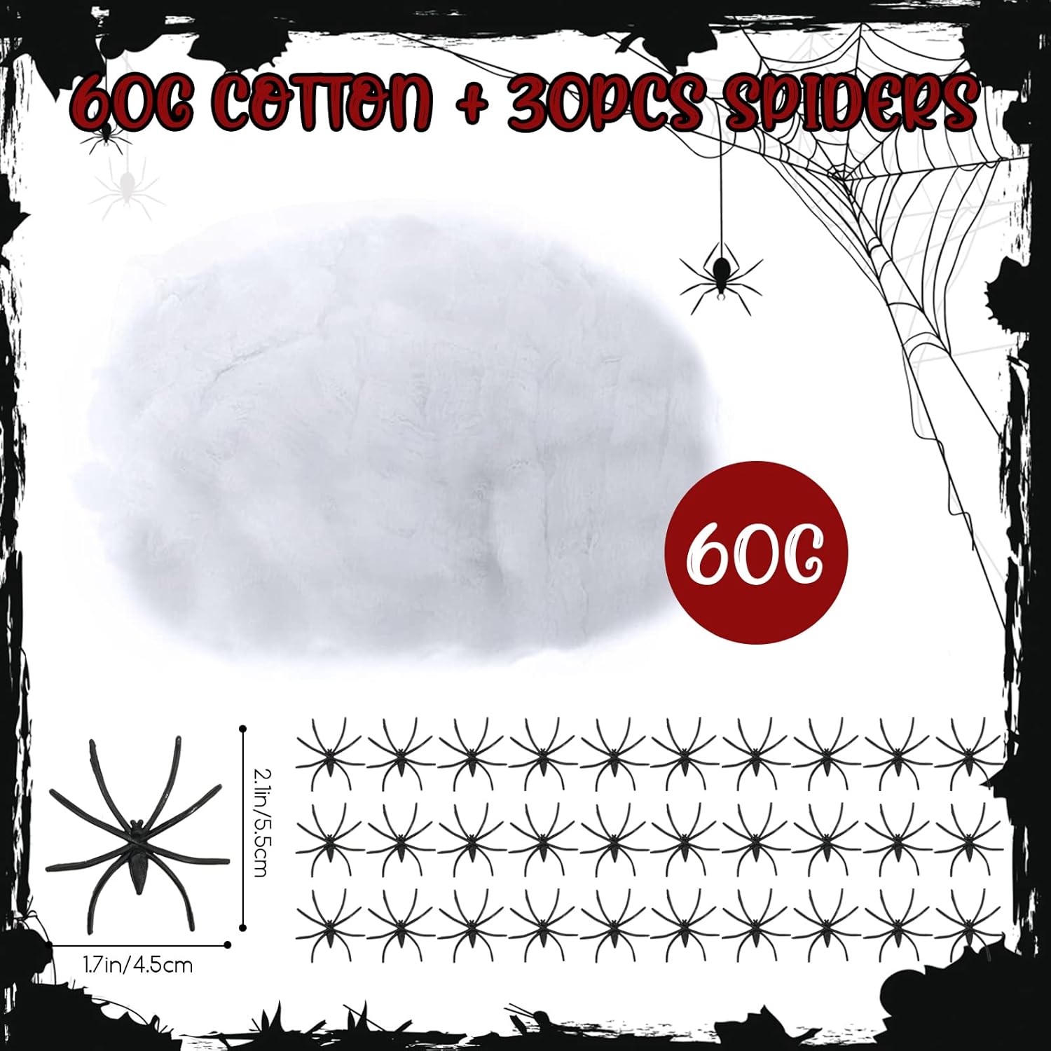 Halloween Spider Web 60g with 30pcs Fake Spiders – Stretchable Cobweb for Haunted House, Outdoor & Indoor Halloween Decorations