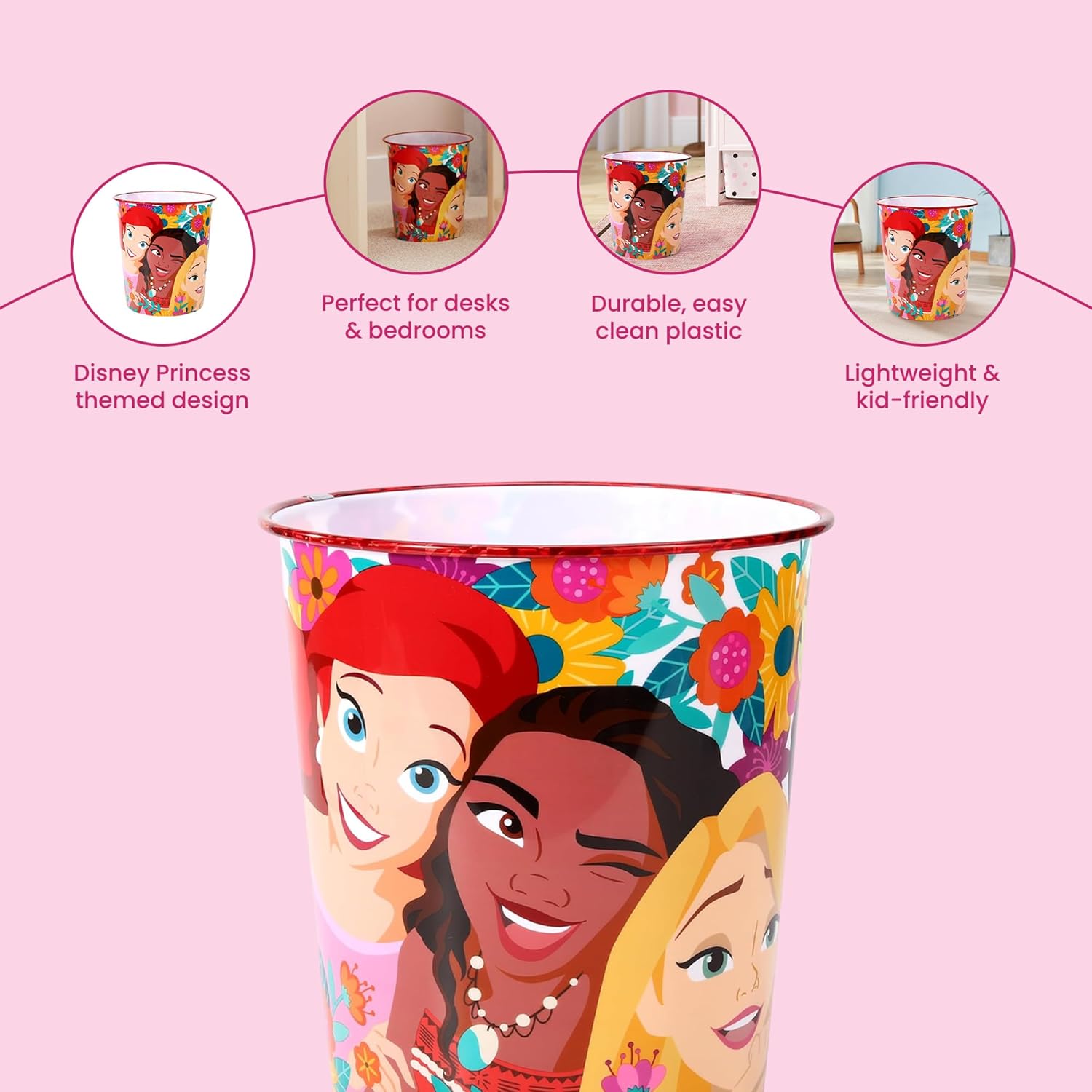 Kids Waste Paper Bin 7L – Disney Princess Design Plastic Trash Can for Bedroom, Study Desk & Playroom, Lightweight Open Top Dustbin