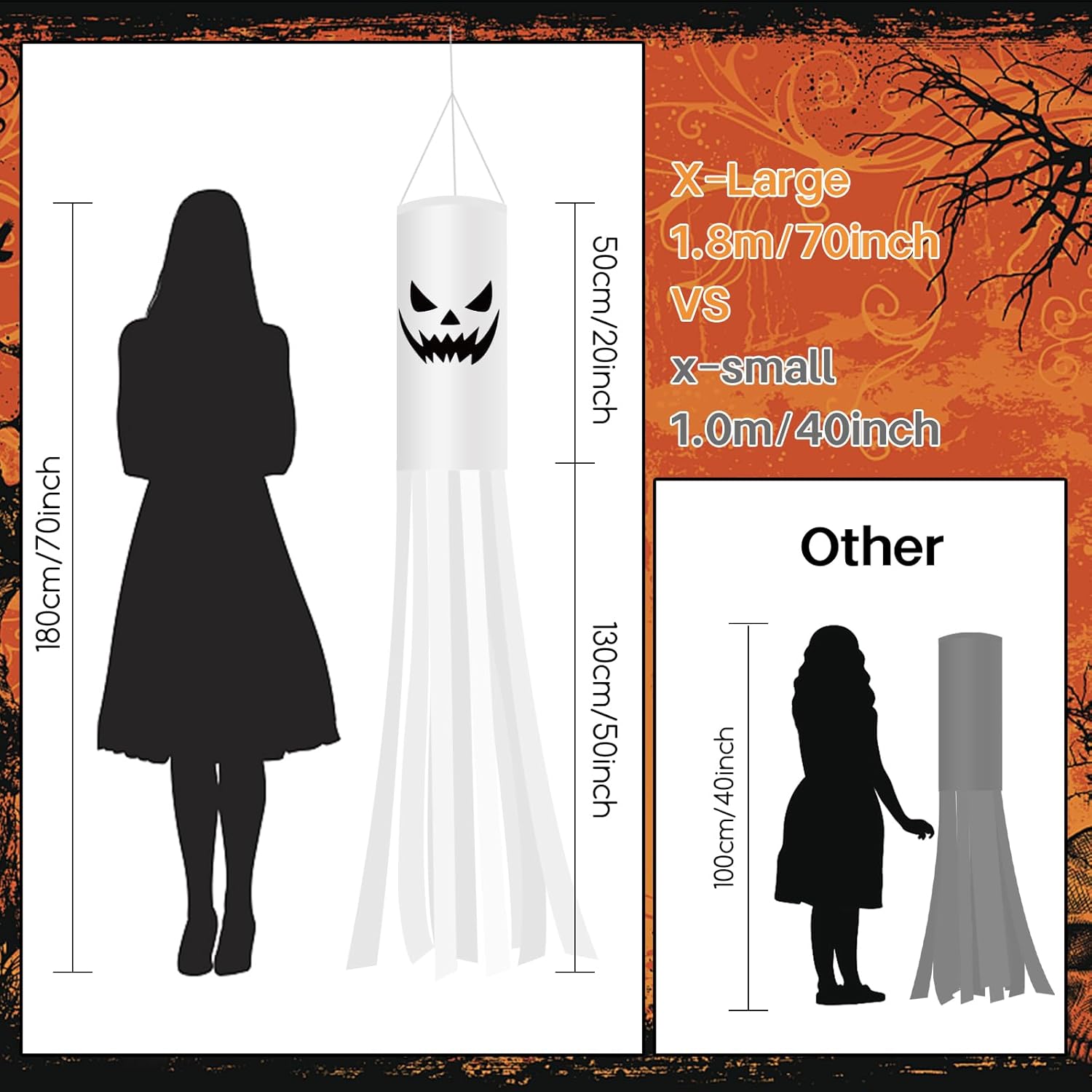 Halloween Ghost Decorations 2PCS – 180CM Hanging Windsock Flags with 2M LED Lights for Outdoor Yard, Garden, Lawn & Halloween Party Decor