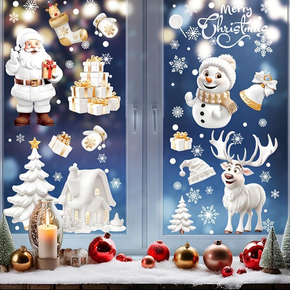 9 Sheets 3D Christmas Window Stickers – Double-Sided Reusable Xmas Window Clings with Snowflakes, Santa Claus, Reindeer & Snowman Designs