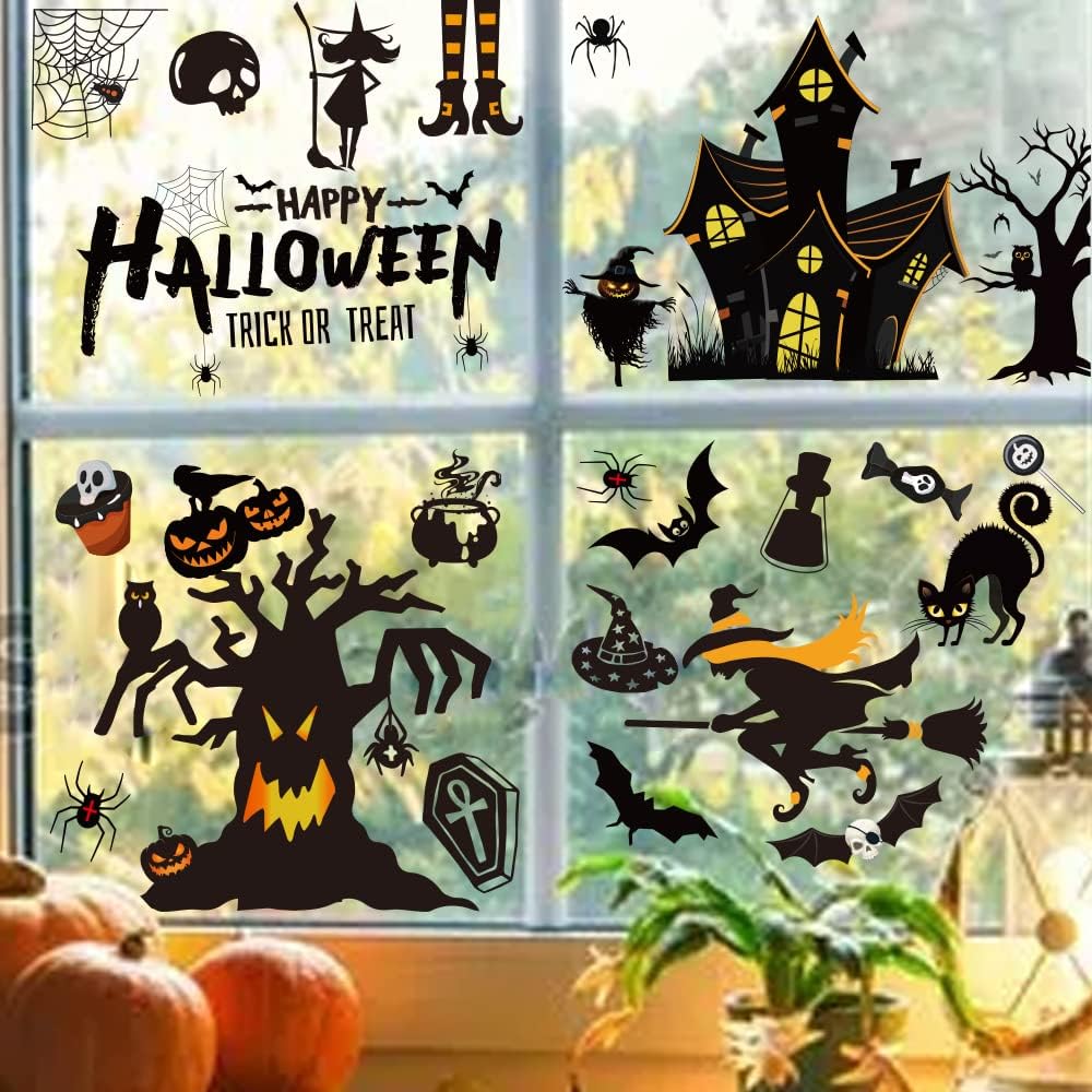 Halloween Window Stickers 169Pcs – Reusable Double-Sided Clings with Bats, Spiders & Pumpkins for Home or Party Decor
