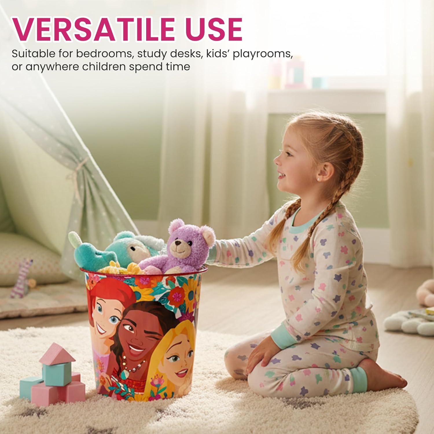 Kids Waste Paper Bin 7L – Disney Princess Design Plastic Trash Can for Bedroom, Study Desk & Playroom, Lightweight Open Top Dustbin