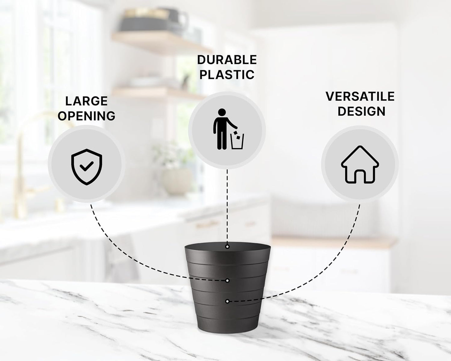 8L Plastic Paper Bin – Shatterproof Open Top Office & Desk Waste Basket, Modern Wave Design, Black