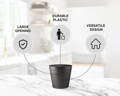 8L Plastic Paper Bin – Shatterproof Open Top Office & Desk Waste Basket, Modern Wave Design, Black