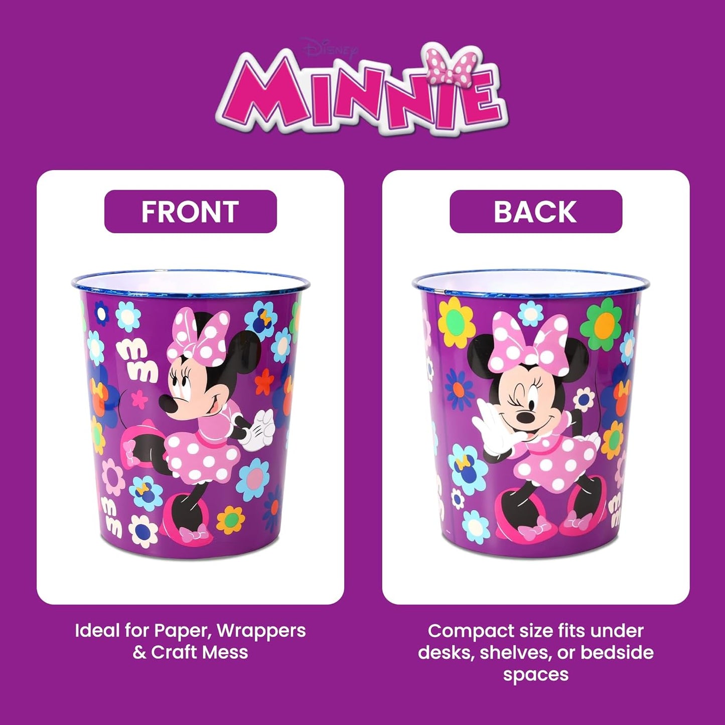 Kids Waste Paper Bin 7L – Minnie Mouse Design Plastic Trash Can for Bedroom, Study Desk & Playroom, Lightweight Open Top Dustbin