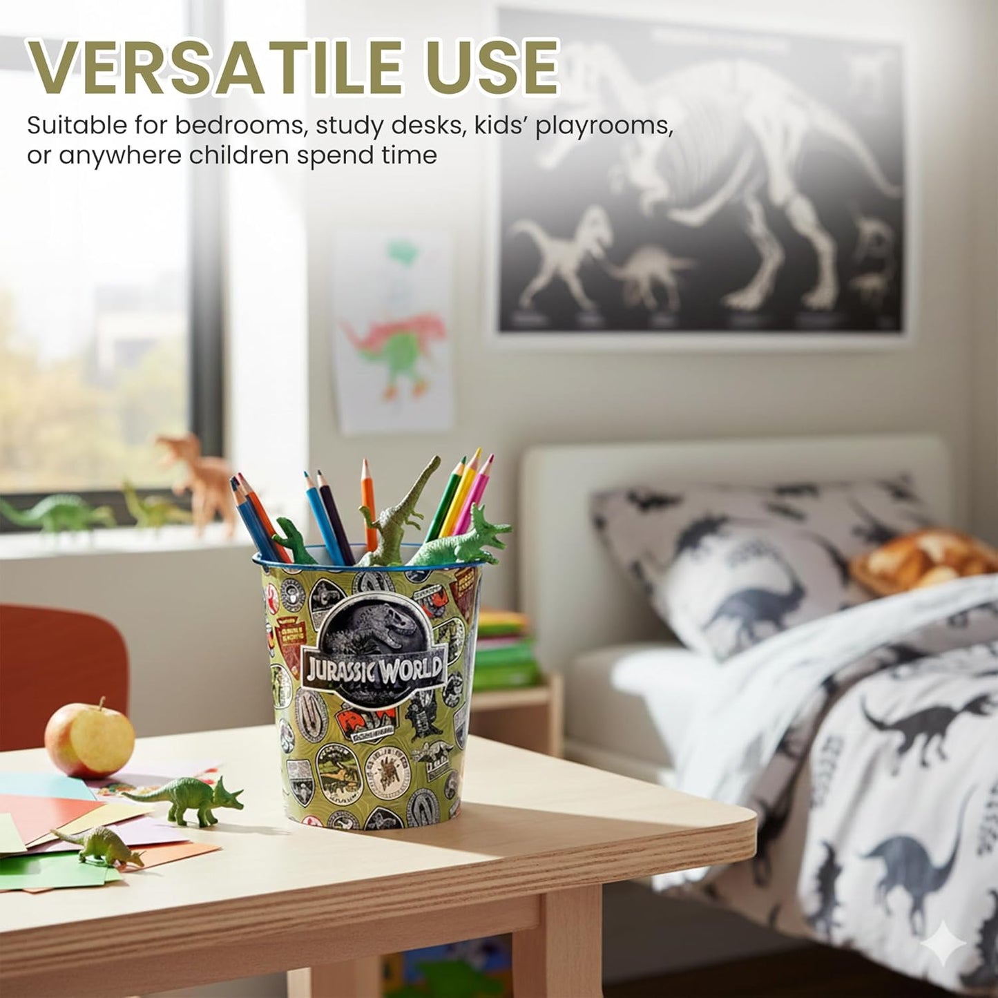 Kids Waste Paper Bin 7L – Jurassic World Dinosaur Design Plastic Trash Can for Bedroom, Study Desk & Playroom, Lightweight Open Top Dustbin