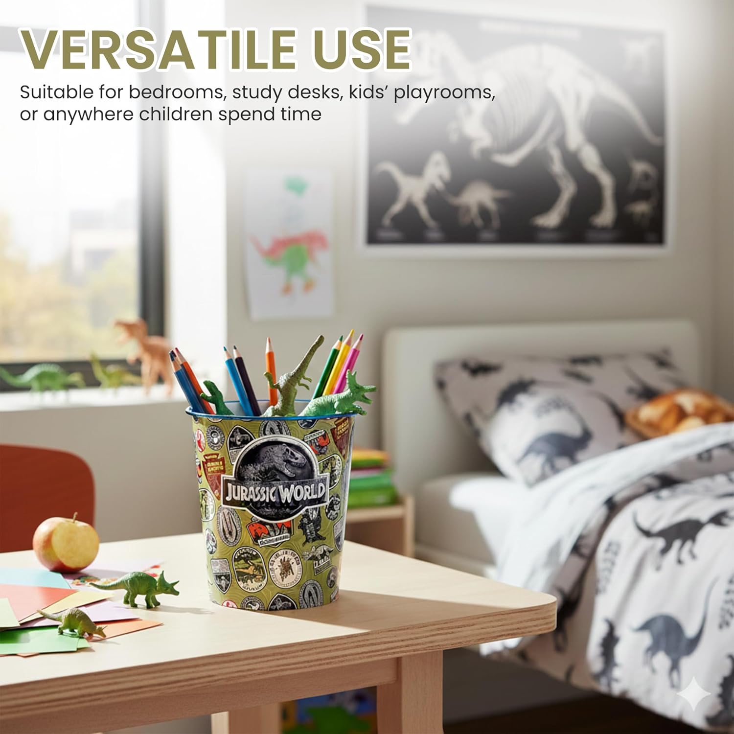 Kids Waste Paper Bin 7L – Jurassic World Dinosaur Design Plastic Trash Can for Bedroom, Study Desk & Playroom, Lightweight Open Top Dustbin