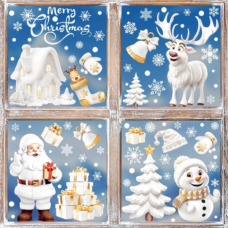 190PCS 3D Christmas Window Stickers – Double-Sided Santa Claus & Snowflake Clings, Self-Adhesive Window Decals for Home, Shop & Holiday Party Decorations