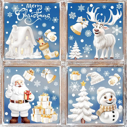 190PCS 3D Christmas Window Stickers – Double-Sided Santa Claus & Snowflake Clings, Self-Adhesive Window Decals for Home, Shop & Holiday Party Decorations