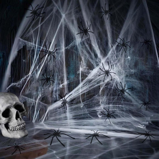 Halloween Spider Web Decoration – 60g Stretchable Cobwebs with 30pcs Fake Spiders for Indoor Outdoor Party & Haunted House Decor
