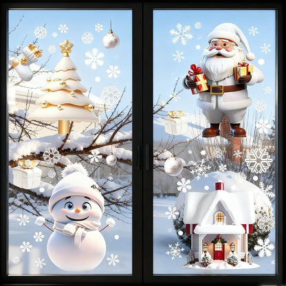 114PCS Christmas Snowflake Window Stickers – White 3D Static Clings with Santa & Snowman Designs for Glass Windows, Home & Holiday Party Decorations