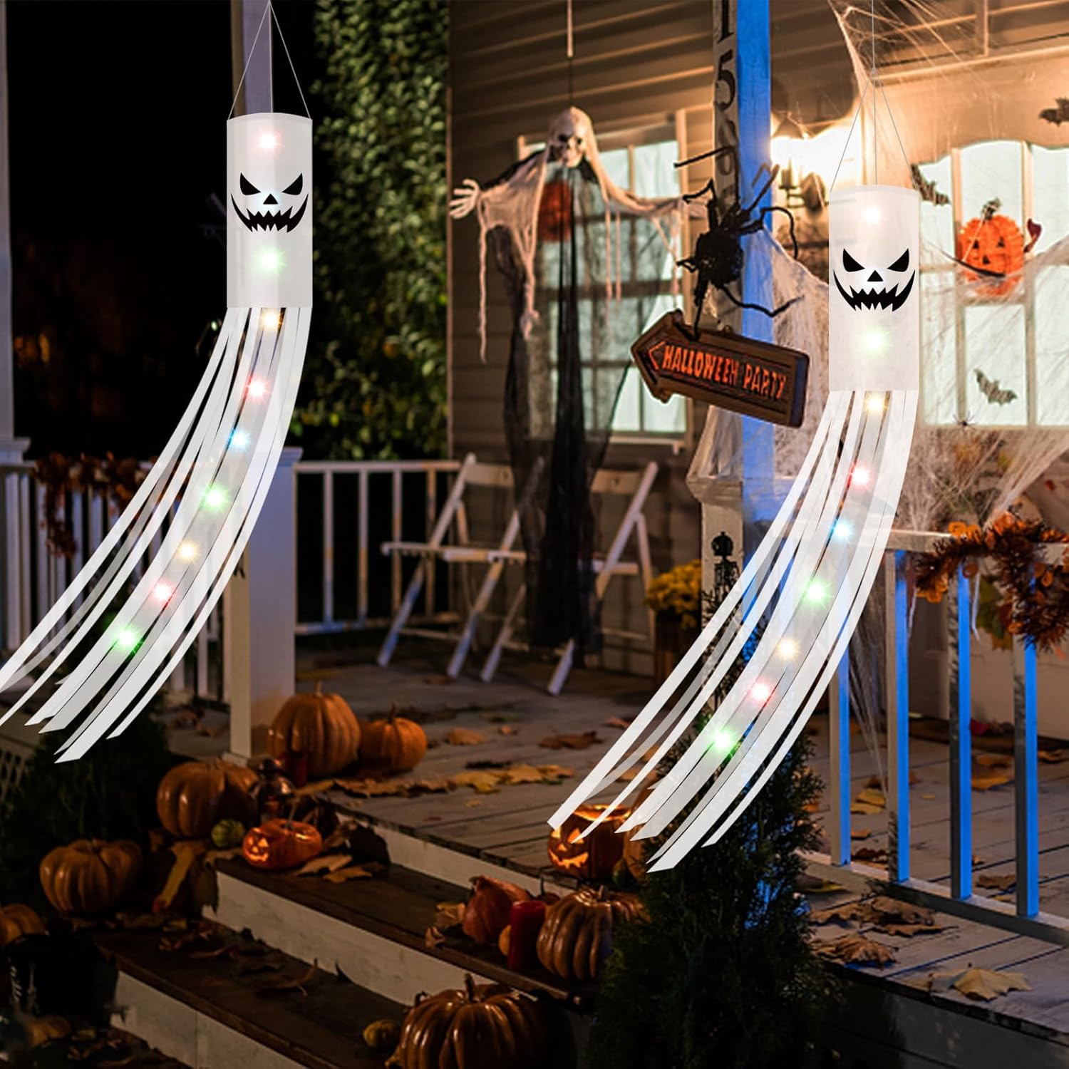 Halloween Ghost Decorations 2PCS – 180CM Hanging Windsock Flags with 2M LED Lights for Outdoor Yard, Garden, Lawn & Halloween Party Decor