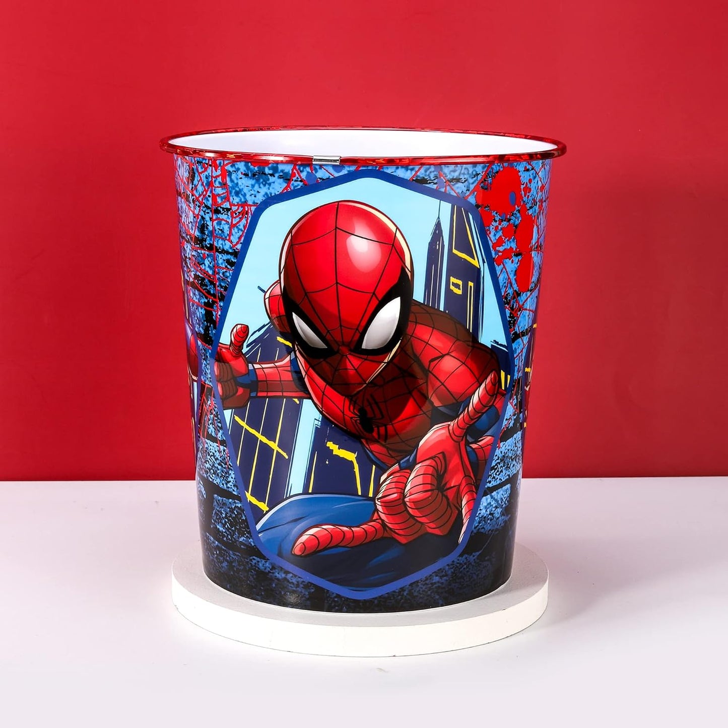 Kids Waste Paper Bin 7L – Spiderman Action Design Plastic Trash Can for Bedroom, Study Desk & Playroom, Lightweight Open Top Dustbin