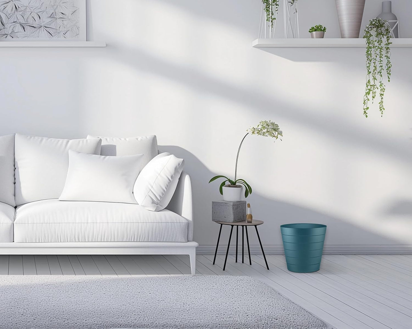 8L Plastic Paper Bin – Shatterproof Open Top Office & Desk Waste Basket, Modern Wave Design, Blue