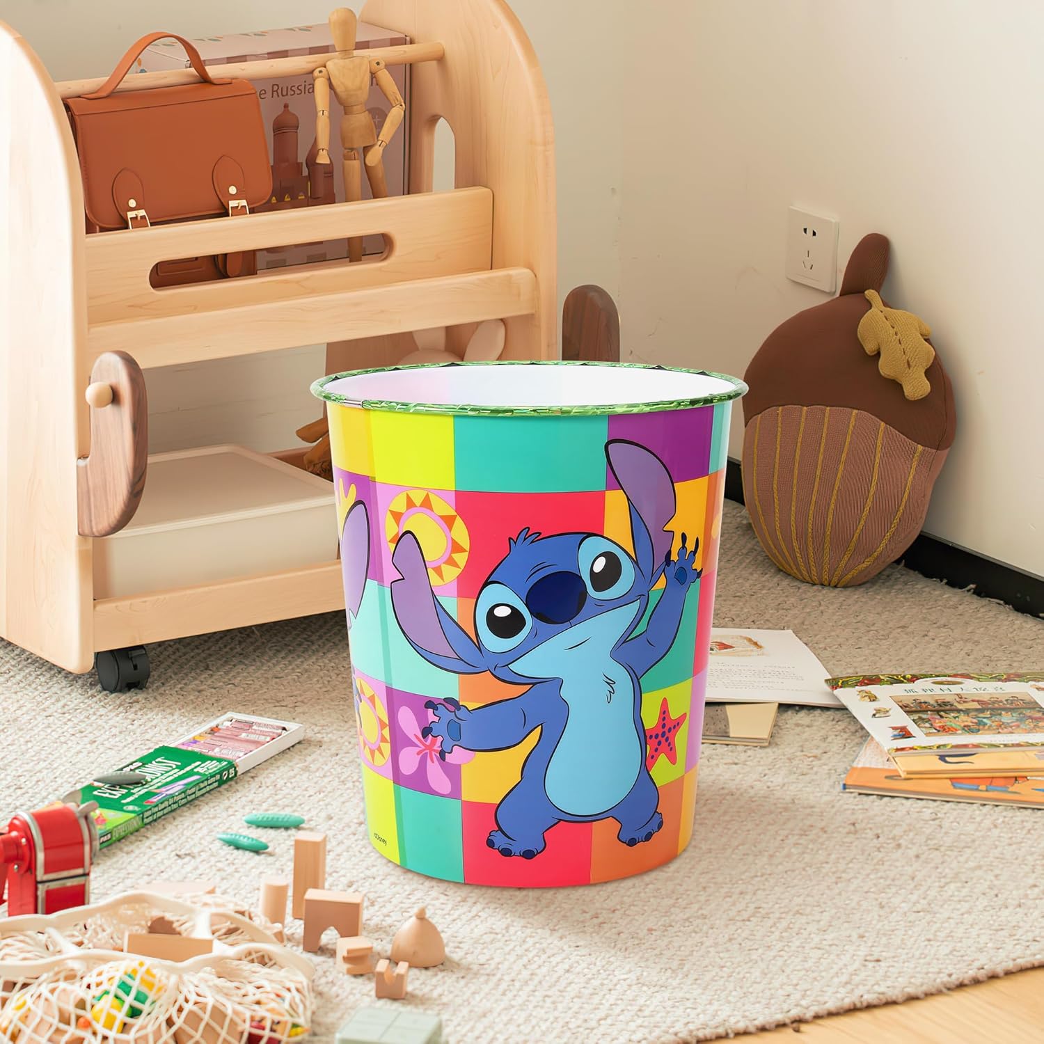 Kids Waste Paper Bin 7L – Stitch Fun Design Plastic Trash Can for Bedroom, Study Desk & Playroom, Lightweight Open Top Dustbin