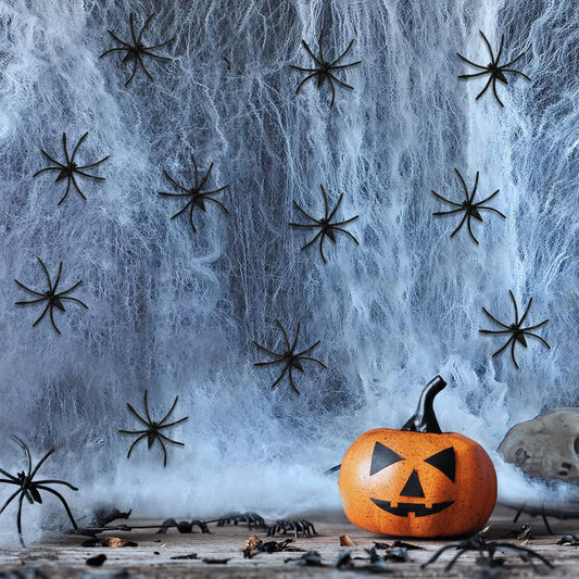 Halloween Spider Web 60g with 30pcs Fake Spiders – Stretchable Cobweb for Haunted House, Outdoor & Indoor Halloween Decorations