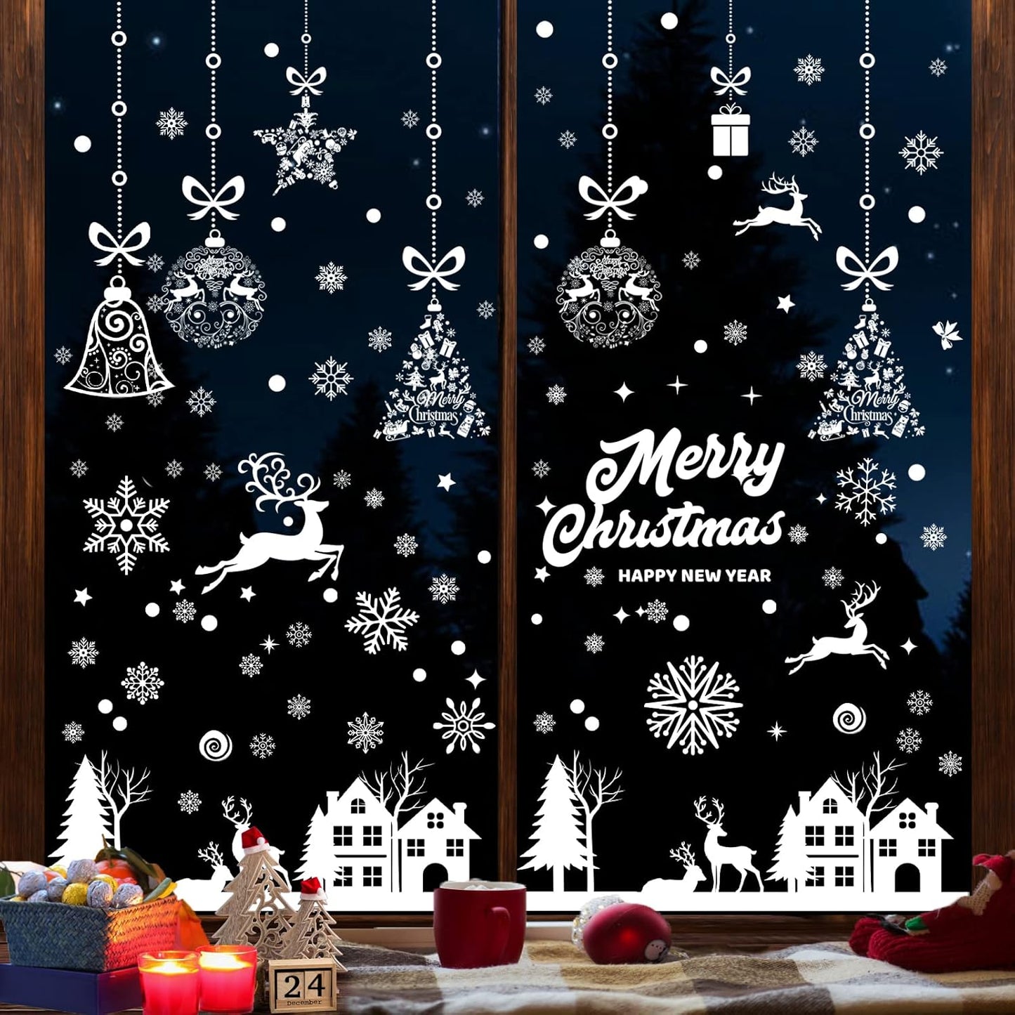 192 PCS Reusable Christmas Window Stickers – Double-Sided Static Snowflake Window Clings, White PVC Xmas Window Decorations for Home & Shop Windows