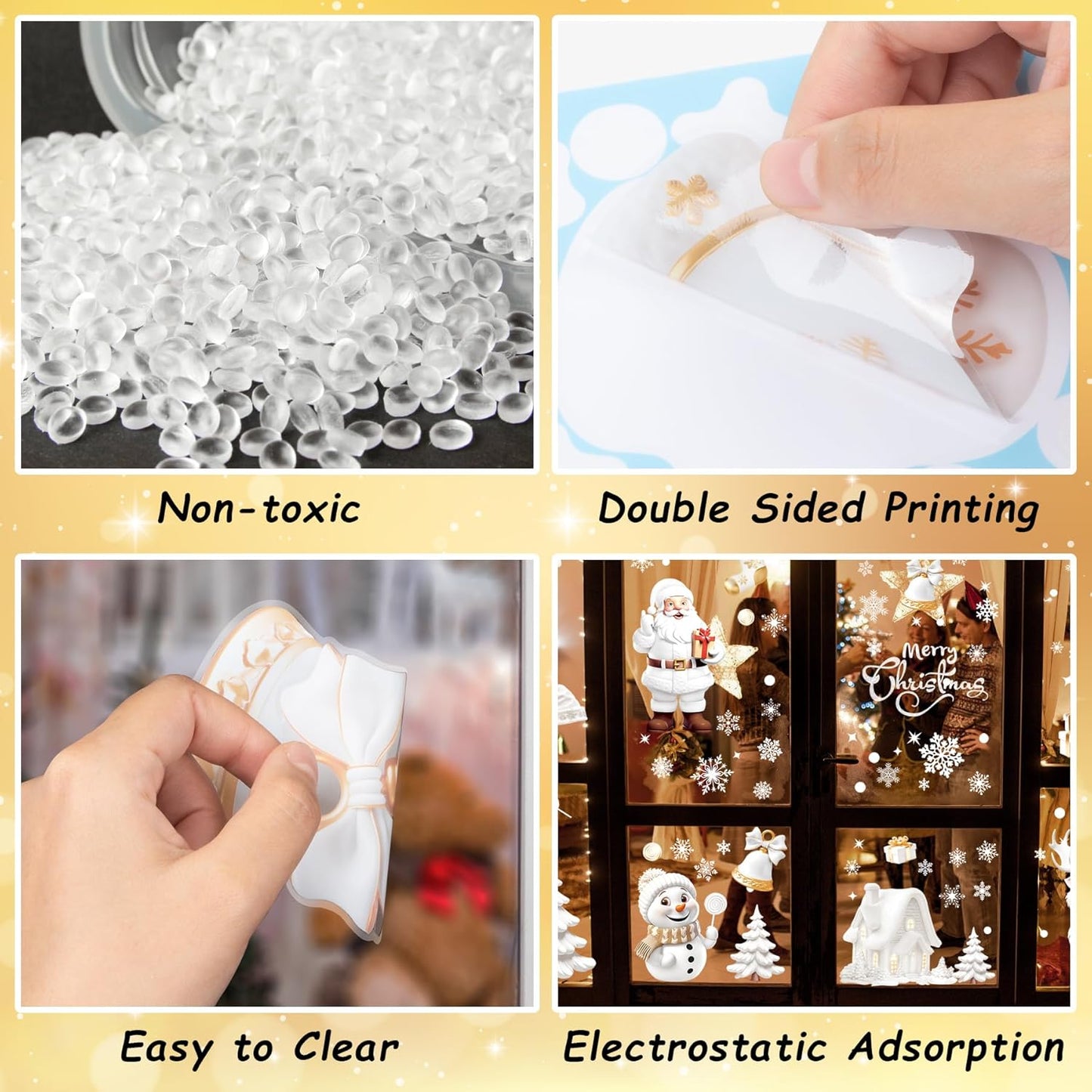 190PCS 3D Christmas Window Stickers – Double-Sided Santa Claus & Snowflake Clings, Self-Adhesive Window Decals for Home, Shop & Holiday Party Decorations