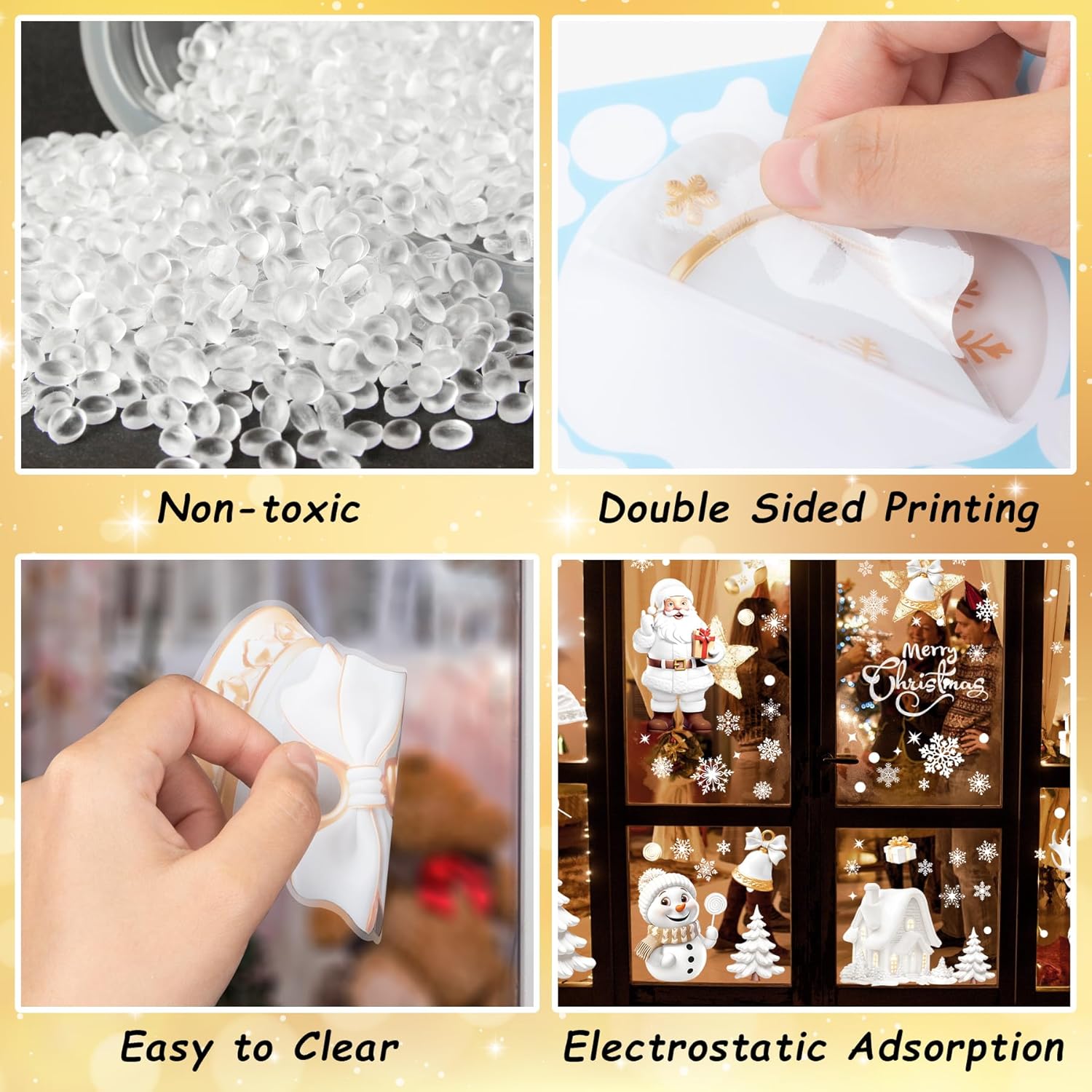 190PCS 3D Christmas Window Stickers – Double-Sided Santa Claus & Snowflake Clings, Self-Adhesive Window Decals for Home, Shop & Holiday Party Decorations