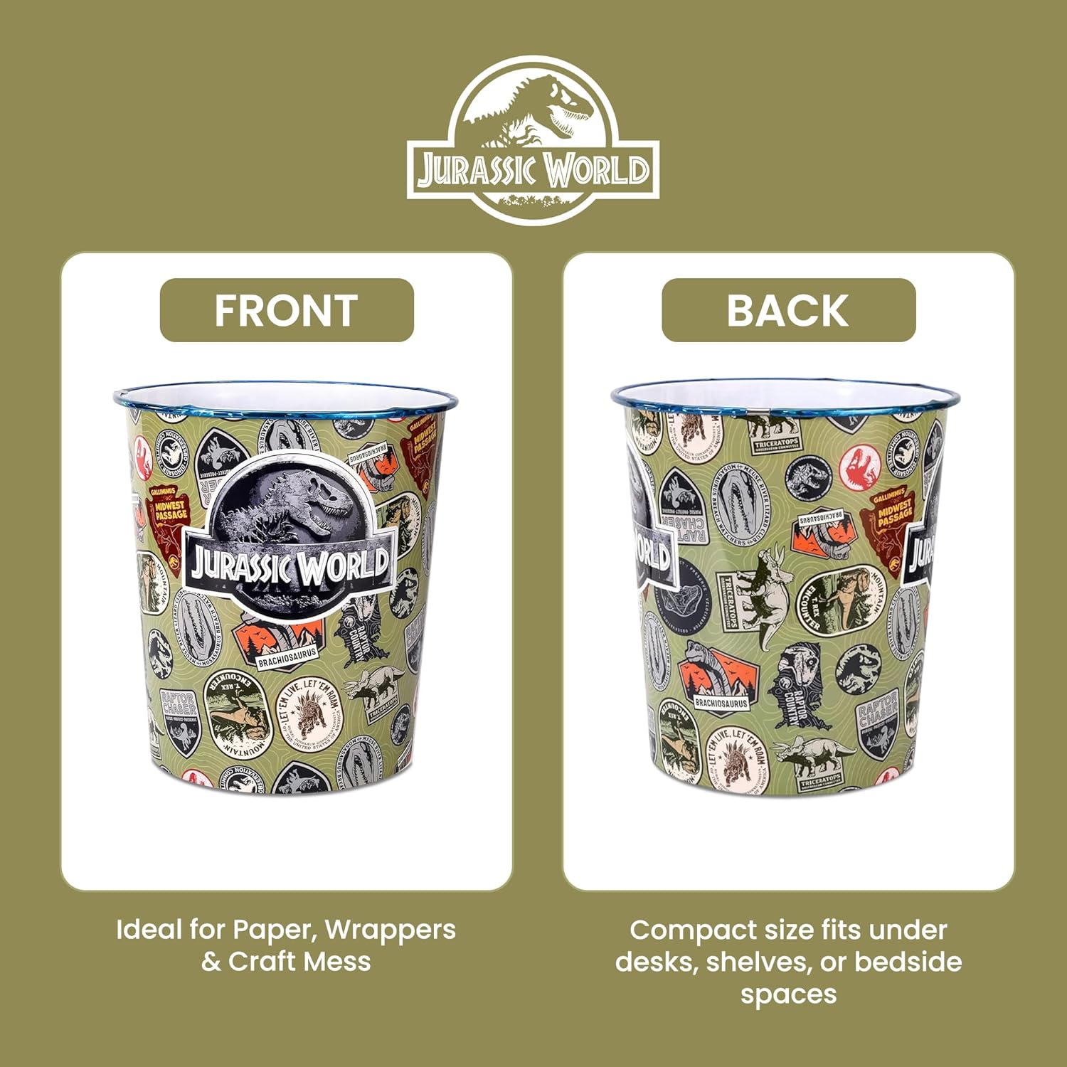 Kids Waste Paper Bin 7L – Jurassic World Dinosaur Design Plastic Trash Can for Bedroom, Study Desk & Playroom, Lightweight Open Top Dustbin