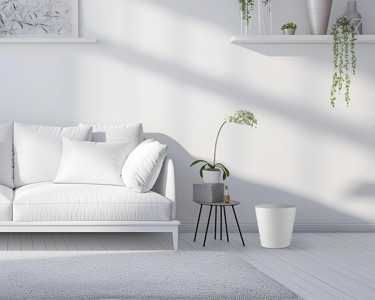 8L Plastic Paper Bin – Shatterproof Open Top Office & Desk Waste Basket, Modern Wave Design, White