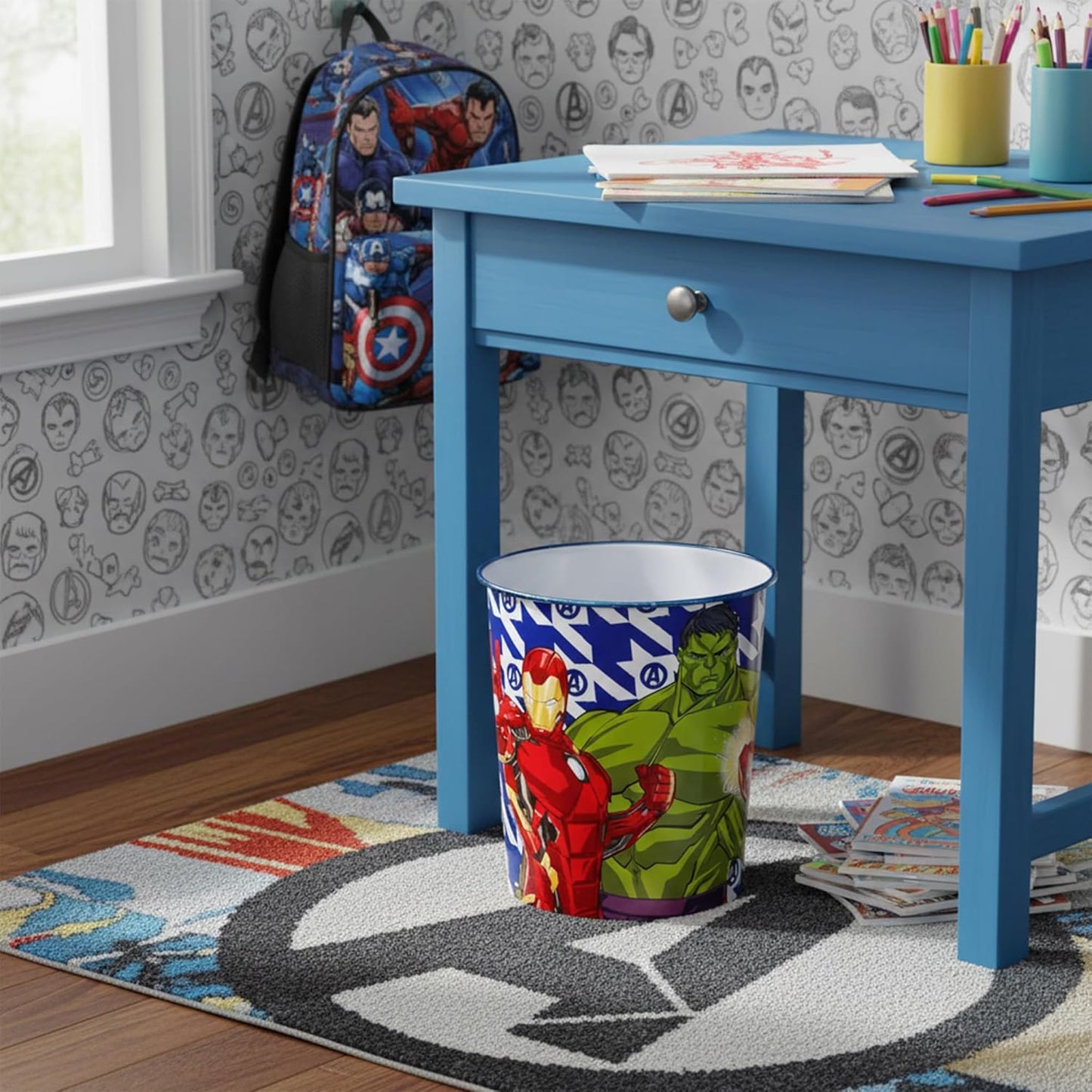 Kids Waste Paper Bin 7L – Avengers Design Plastic Trash Can for Bedroom, Study Desk & Playroom, Lightweight Open Top Dustbin