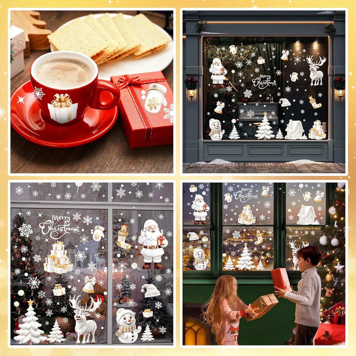 190PCS 3D Christmas Window Stickers – Double-Sided Santa Claus & Snowflake Clings, Self-Adhesive Window Decals for Home, Shop & Holiday Party Decorations