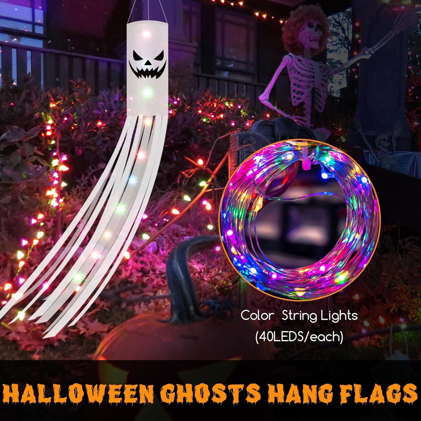 Halloween Ghost Decorations 2PCS – 180CM Hanging Windsock Flags with 2M LED Lights for Outdoor Yard, Garden, Lawn & Halloween Party Decor