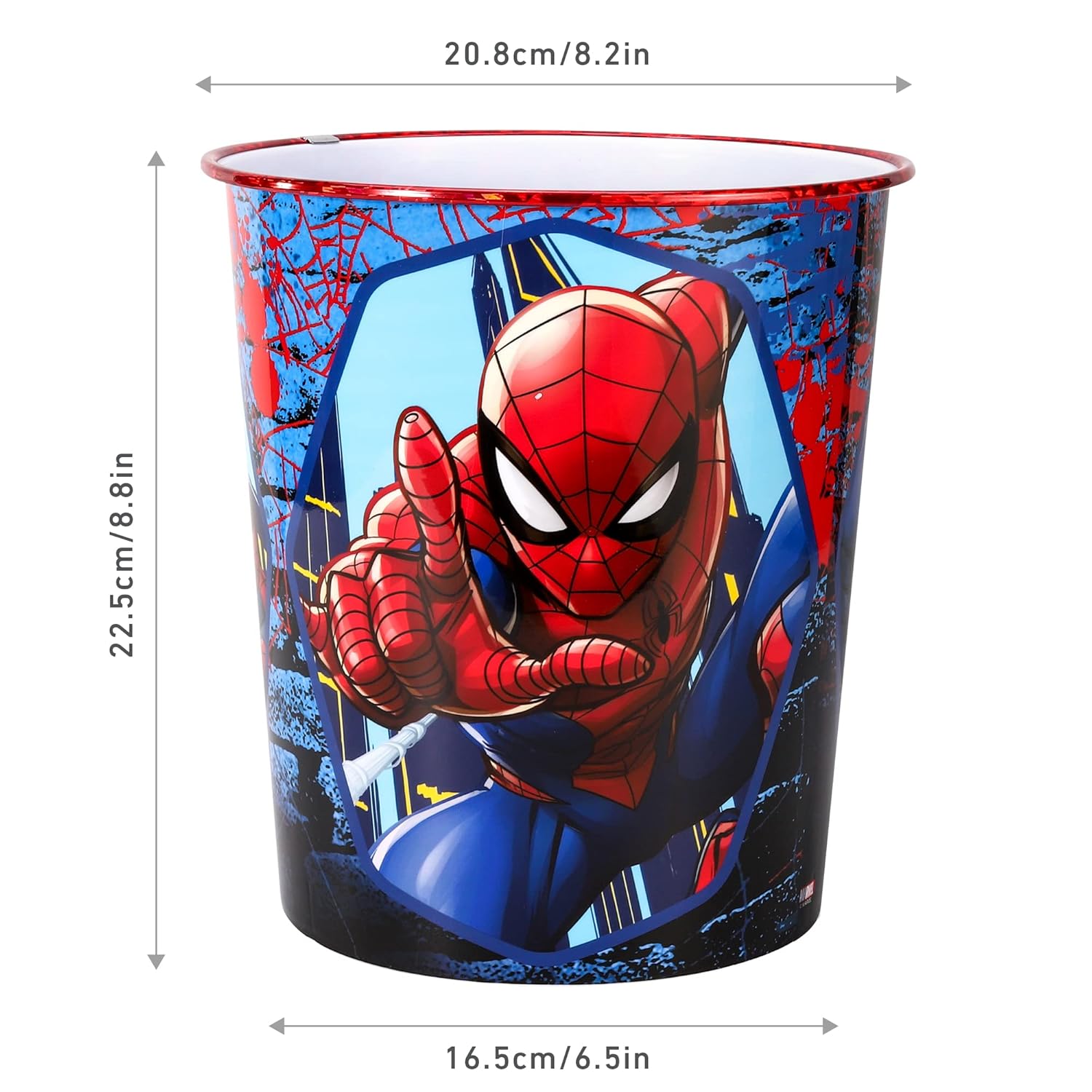 Kids Waste Paper Bin 7L – Spiderman Action Design Plastic Trash Can for Bedroom, Study Desk & Playroom, Lightweight Open Top Dustbin