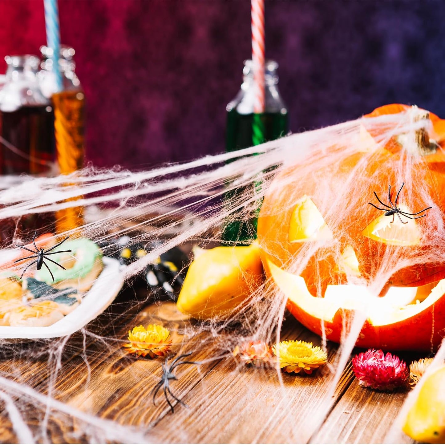 60g Halloween Spider Web with 40 Fake Spiders – Stretchable Cobweb for Outdoor Yard, Indoor Party & Haunted House Decoration