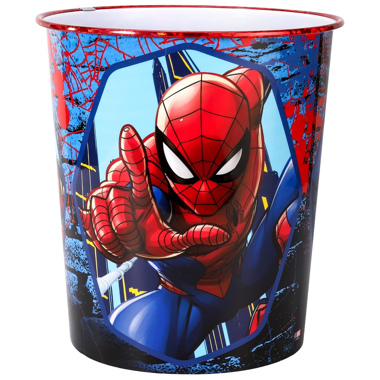 Kids Waste Paper Bin 7L – Spiderman Action Design Plastic Trash Can for Bedroom, Study Desk & Playroom, Lightweight Open Top Dustbin
