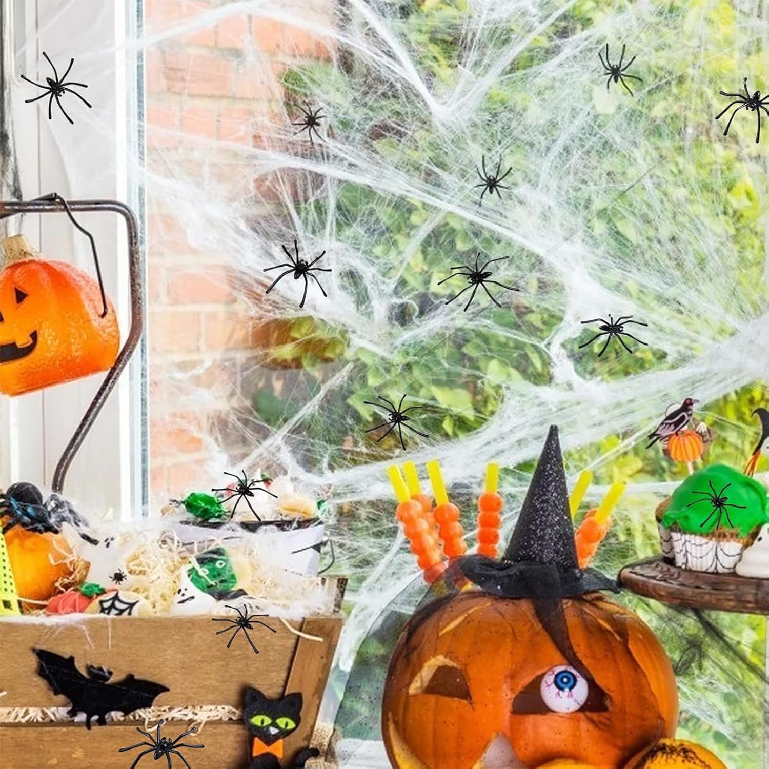 Halloween Spider Web Decoration – 60g Stretchable Cobwebs with 30pcs Fake Spiders for Indoor Outdoor Party & Haunted House Decor
